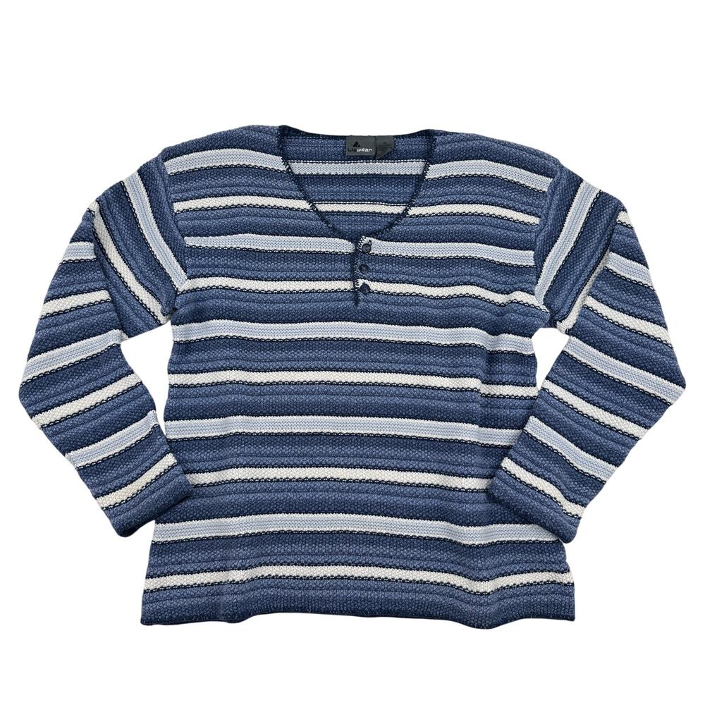 Lizwear Blue Striped Knit Sweater Cotton Relaxed Fit Vintage 90s Made in USA M